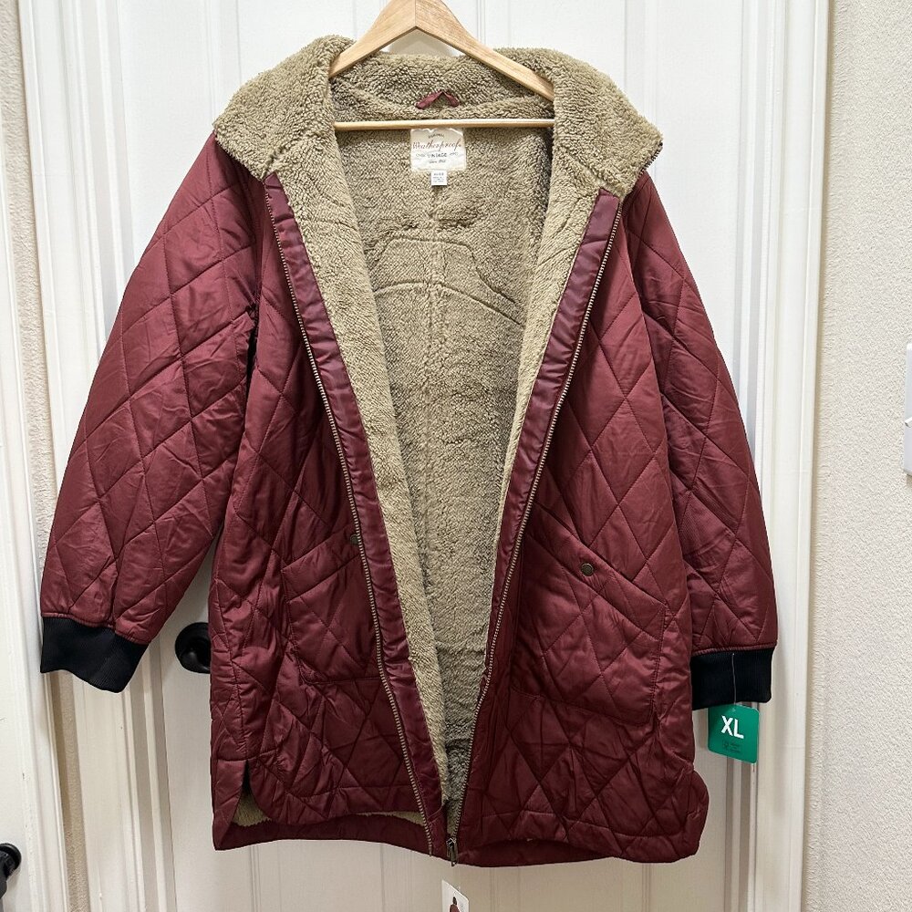 Weatherproof Quilted Burgundy Puffer Jacket with Tan Sherpa Hood